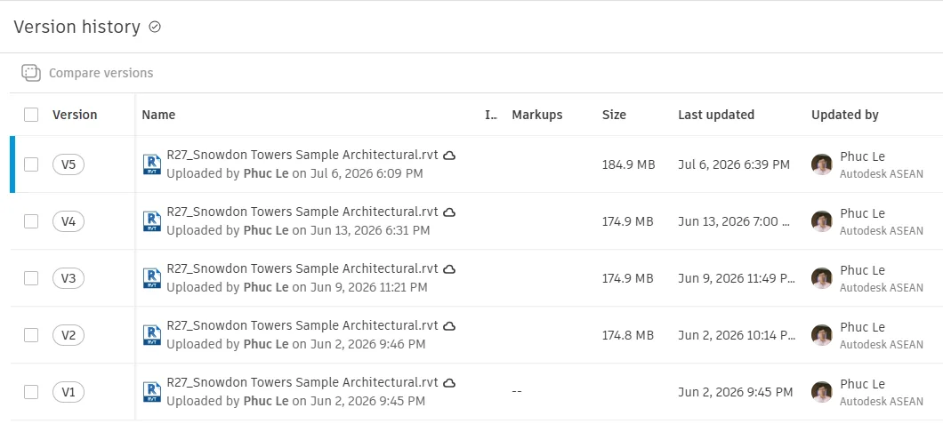 HÌNH SS-10 — Version History và chọn hai phiên bản để Compare versions